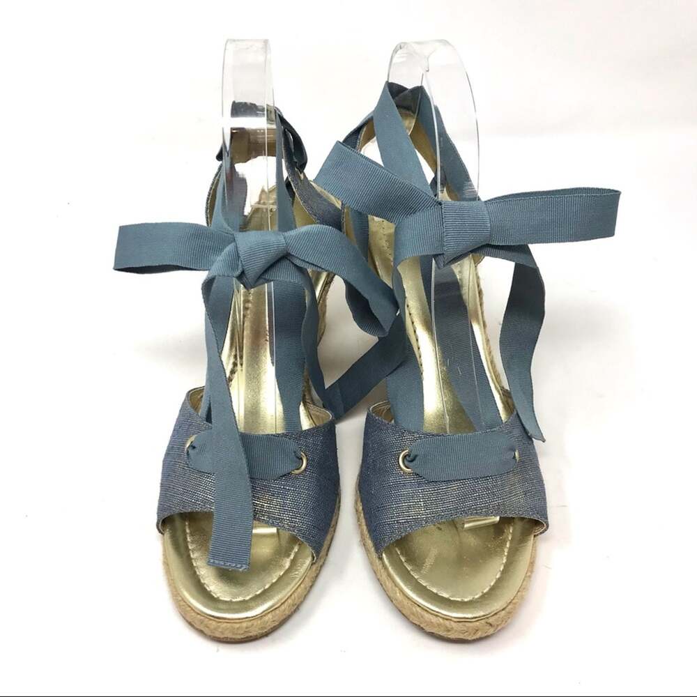 Antonio Melani-7 1/2-“Ariel” Blue Metallic Ankle Wrap Espadrille Wedge Sandals